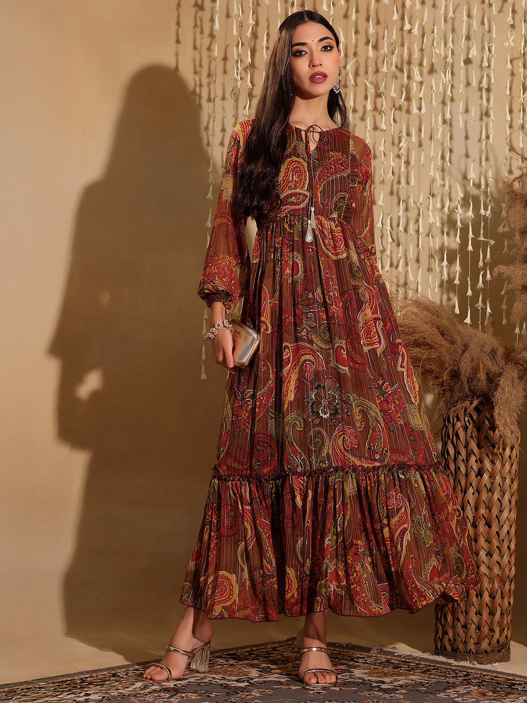 Women's Multicolored-Base-Brown Relaxed Fit Maxi Lurex Chiffon Dress