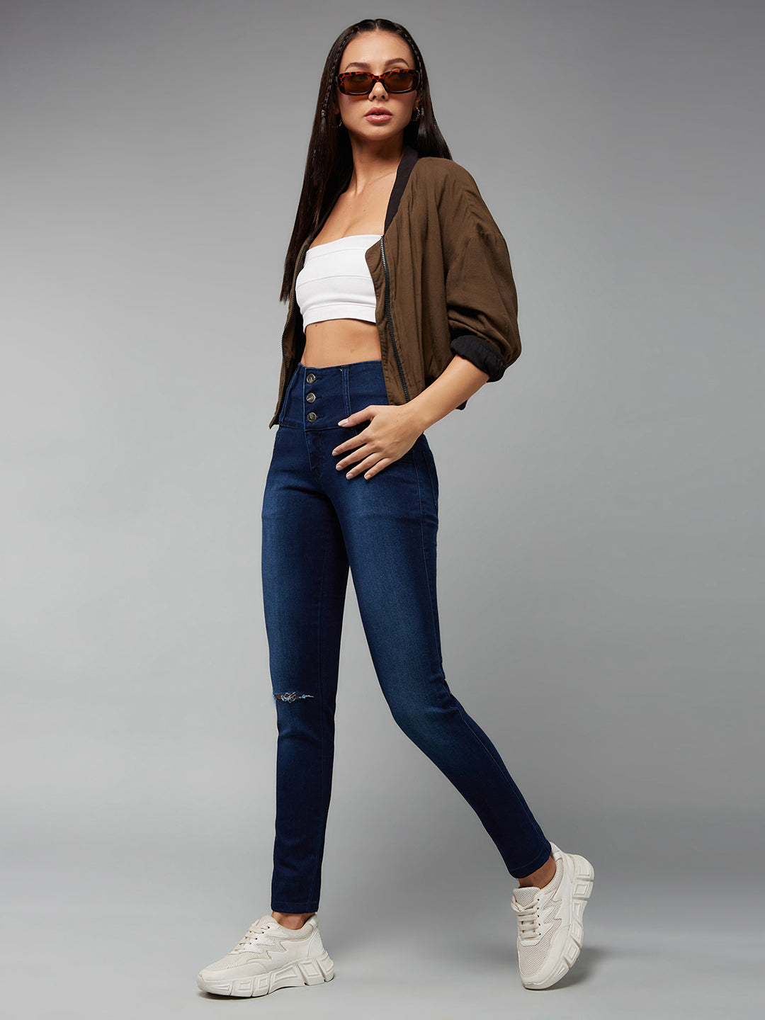 24/7 Comfort Navy-Blue Skinny-Fit High-Rise Knee-Slit Stretchable High-Rise Denim Jeans