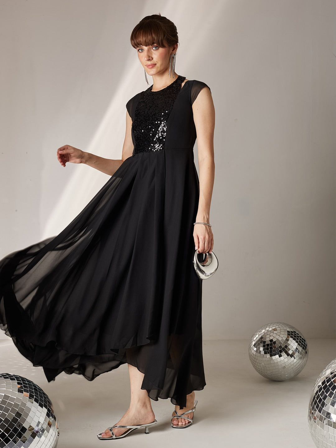 Black Halter-Neck Cap-Sleeve Solid Pleated Embellished Georgette Maxi Dress for Women