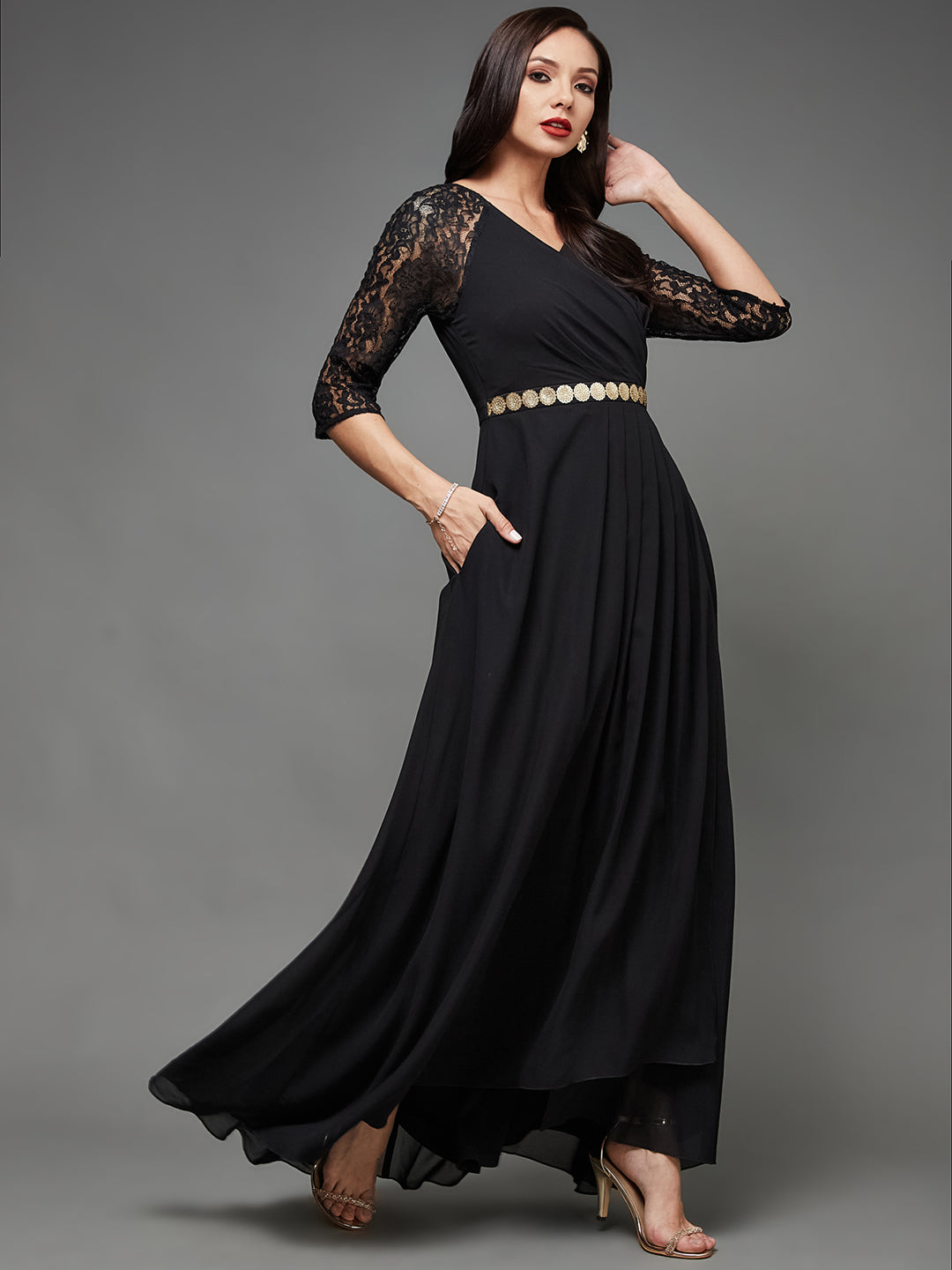 Black Long Sleeves Lace Fit and Flare Gown with Sequinned Golden Belt