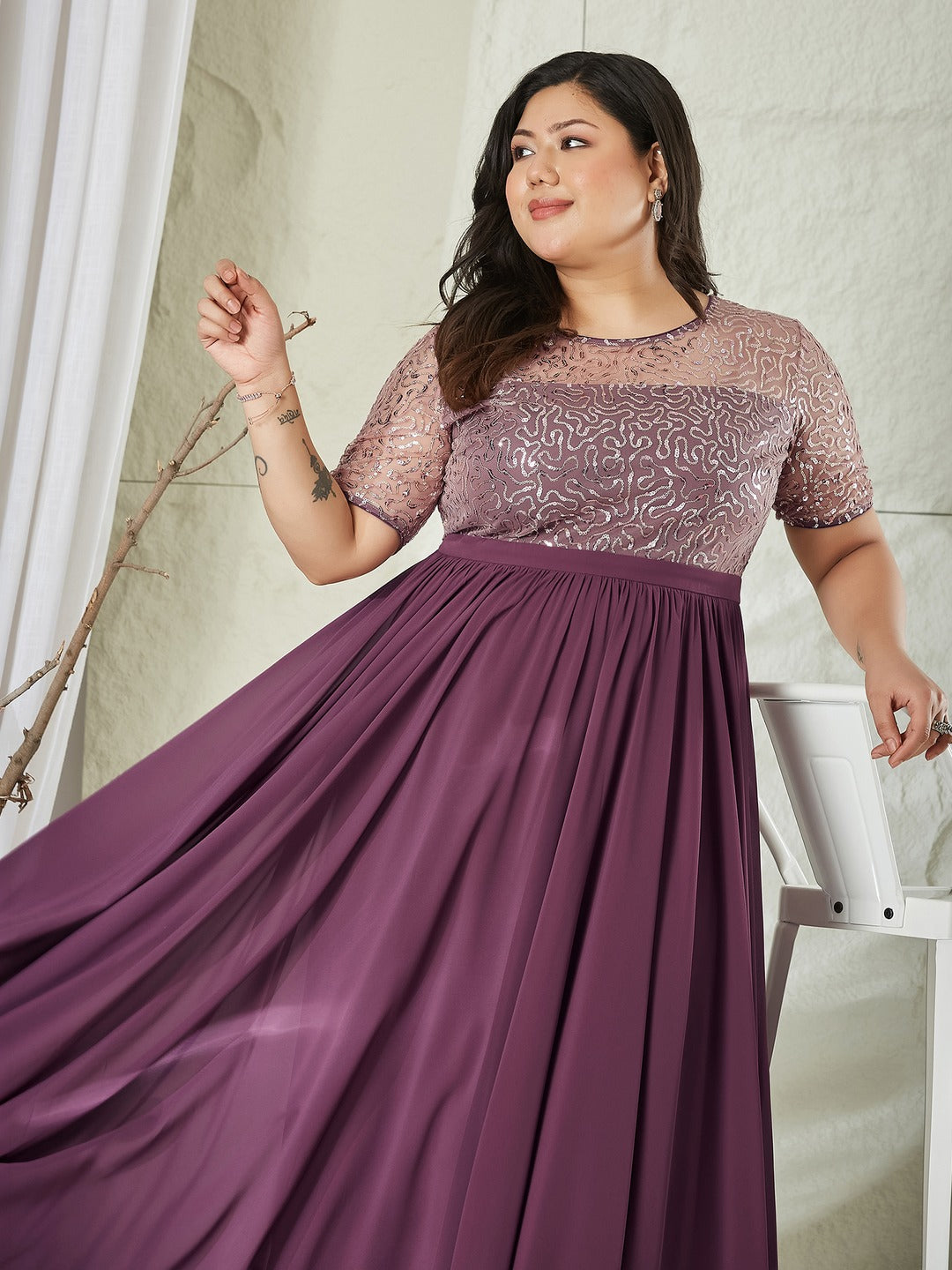 Mauve Relaxed Fit Maxi Georgette & Sequins Dress for Women