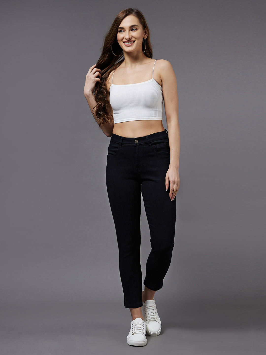 24/7 Comfort Black Skinny High-Rise Clean-Look Cropped Stretchable Denim Jeans