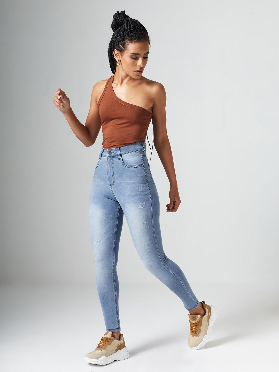 Light Blue High-Rise Mildly-Distressed Regular-Length Stretchable Denim Skinny Jeans for Women