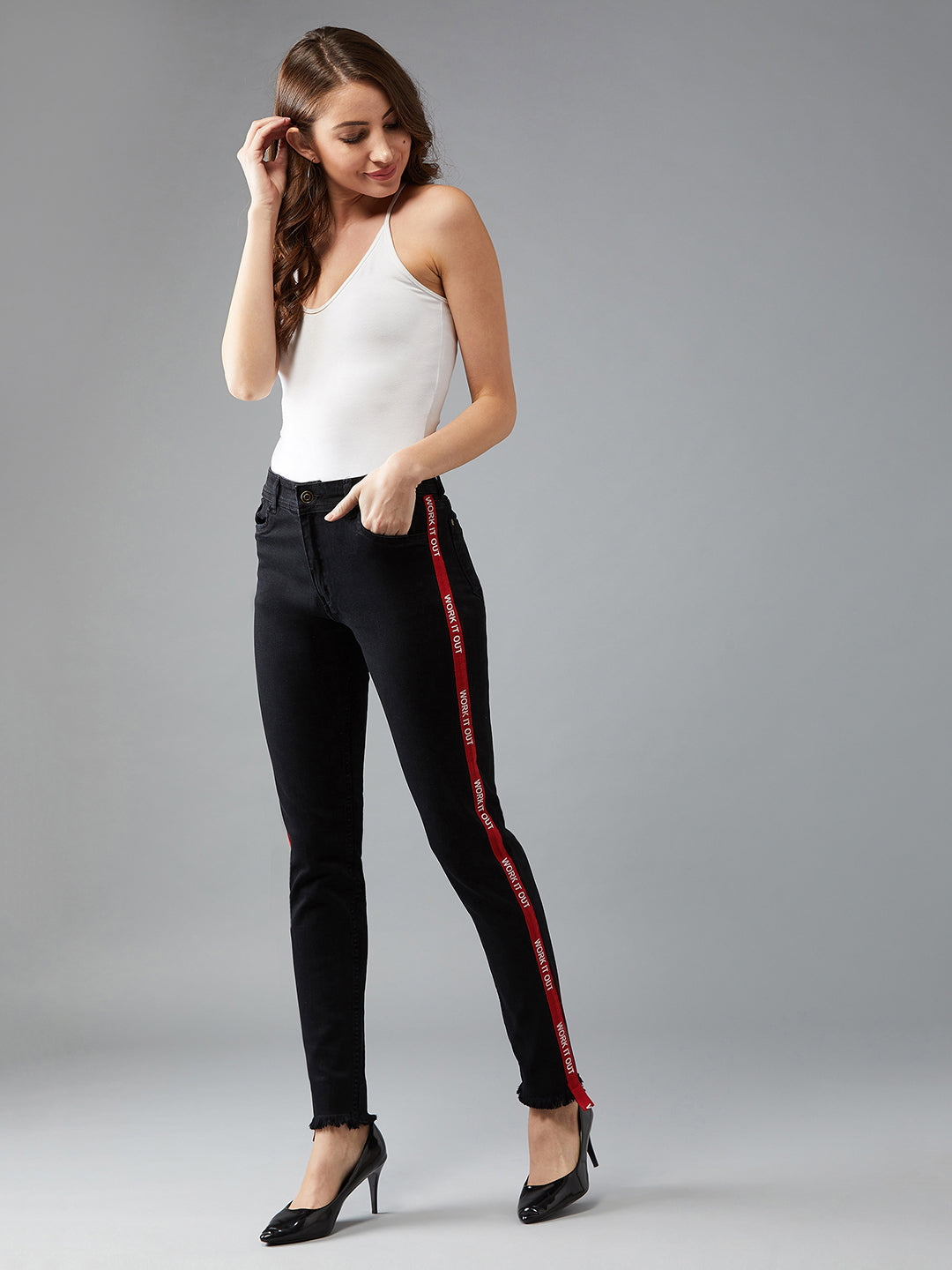 Black Slim-Fit High-Rise Mildly Distress Printed Twill Tape Detailing Stretchable Denim Jeans for Women — Dolce Crudo
