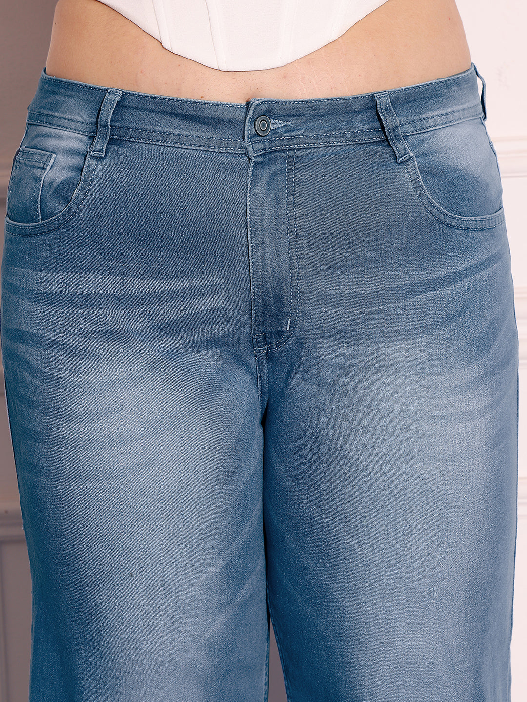 24/7 Comfort Light-Blue Wide-Leg Mid-Rise Blast Effect Denim Jeans for Women — Miss Chase A+