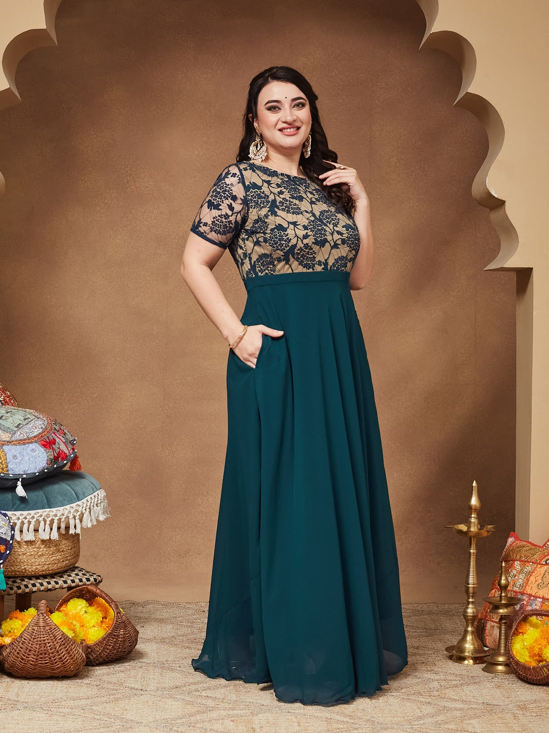 Teal Round Neck Half Sleeve Self Design Fit & Flare Georgette Maxi Dress for Women