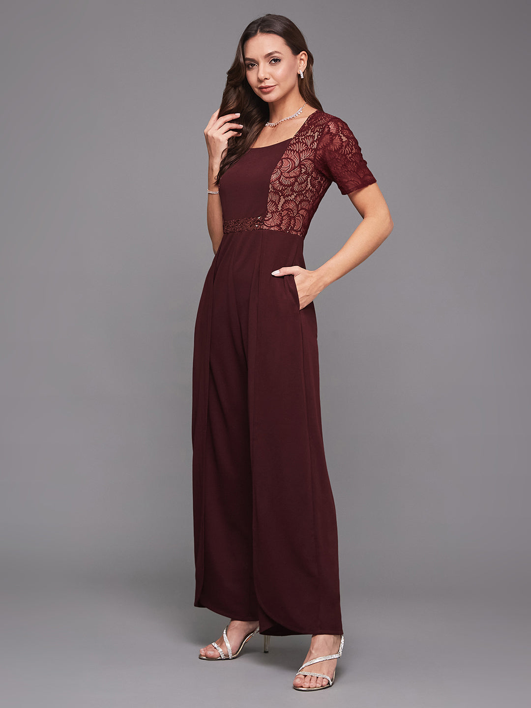 Women's Wine Square Neck Half Sleeve Self-Designed Panelled Regular-Length Polyester Jumpsuit