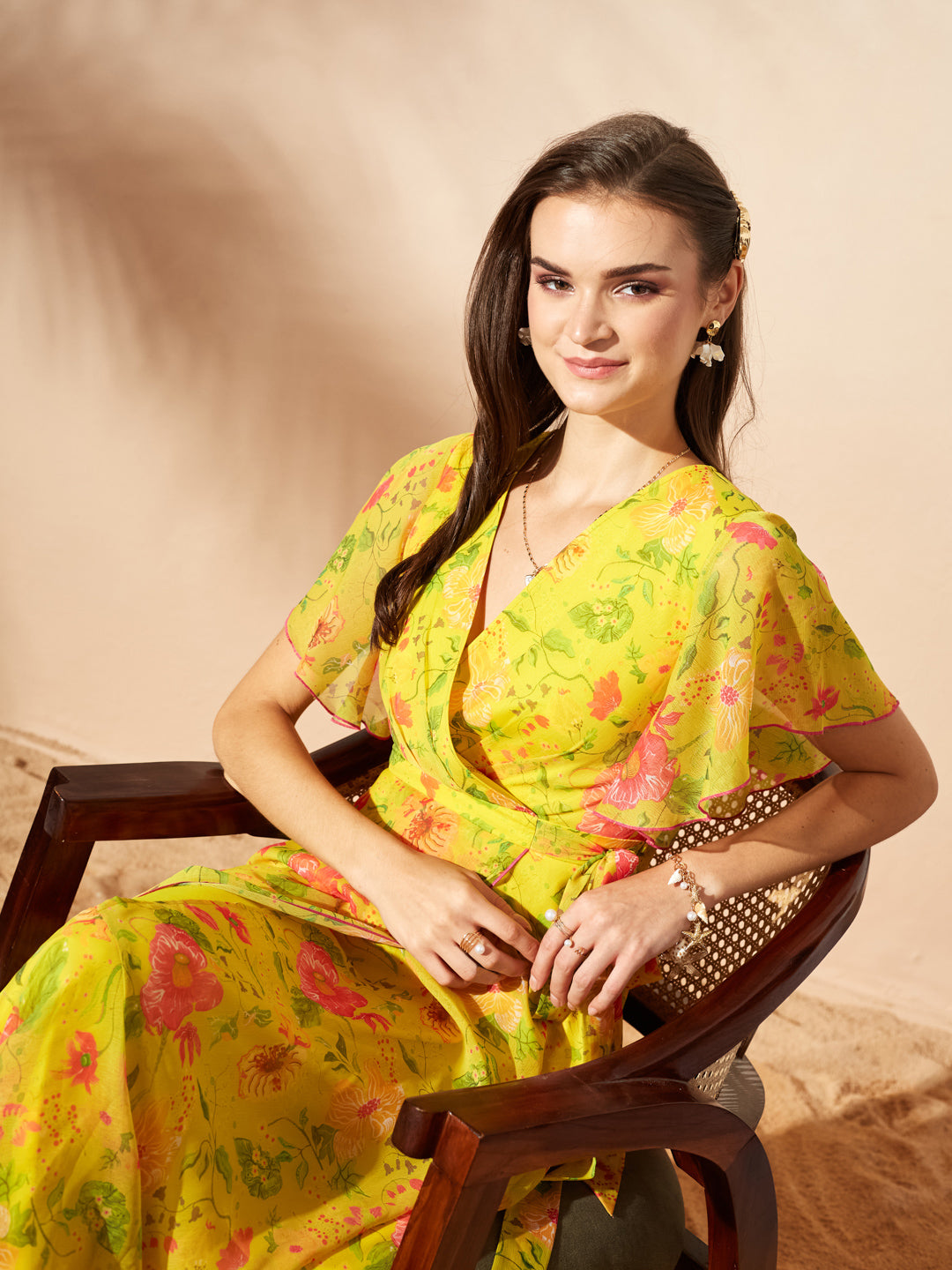 Acid Yellow V-Neck Flared Floral Overlap/Tie-Up Maxi Chiffon Dress for Women