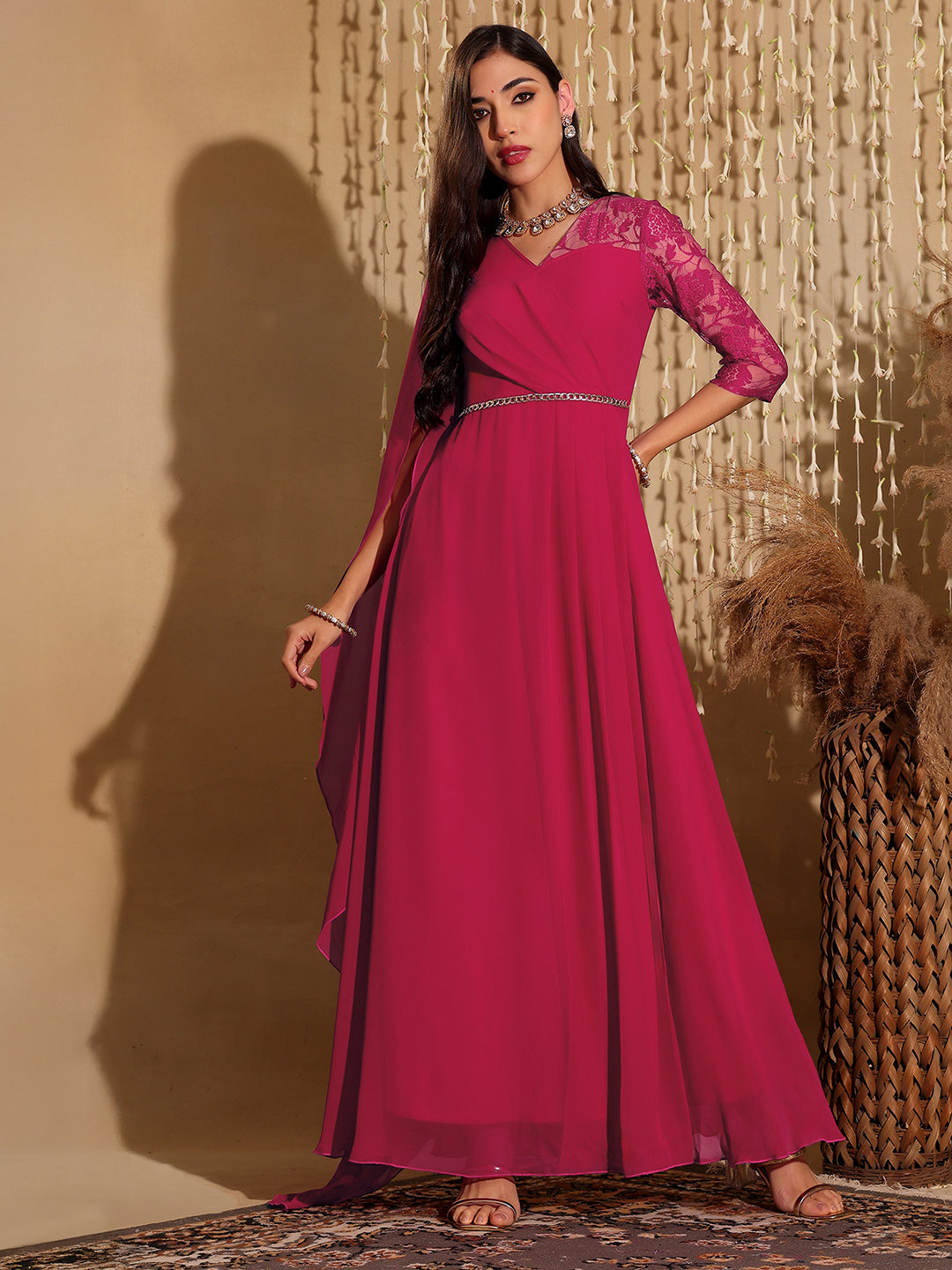 Women's Dark Pink V-Neck Asymmetric Self-Designed Georgette Maxi Dress