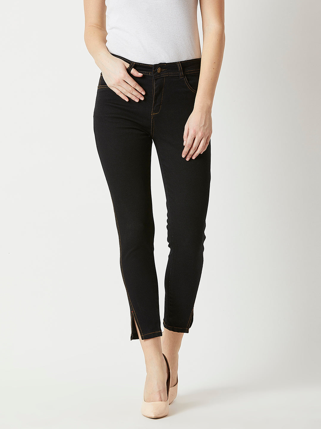 Women's Black Skinny High-Rise Side-Slit Solid Ankle Length Stretchable Denim Jeans