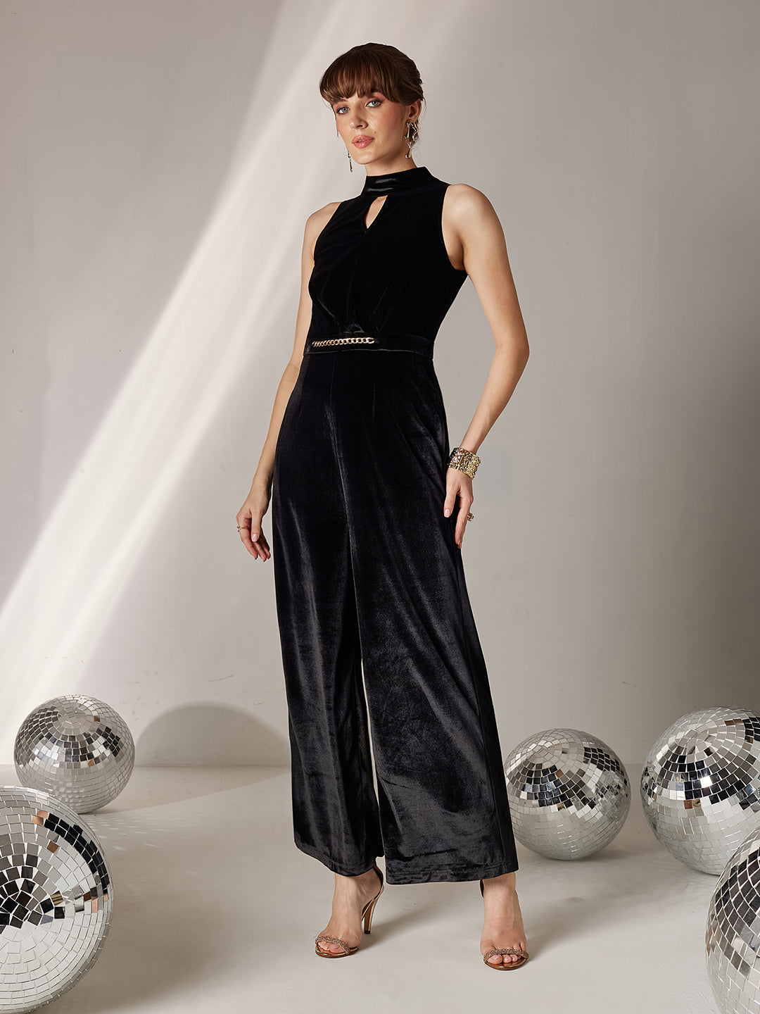 Women's Black Choker Neck Sleeveless Solid Pleated Regular Jumpsuit