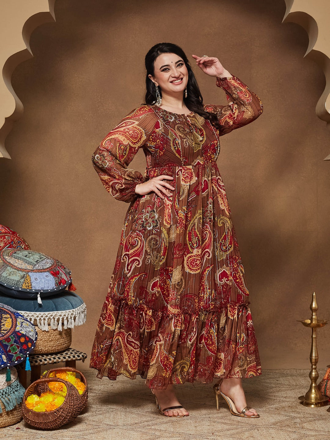 Brown Relaxed Fit Maxi Lurex Chiffon Dress for Women