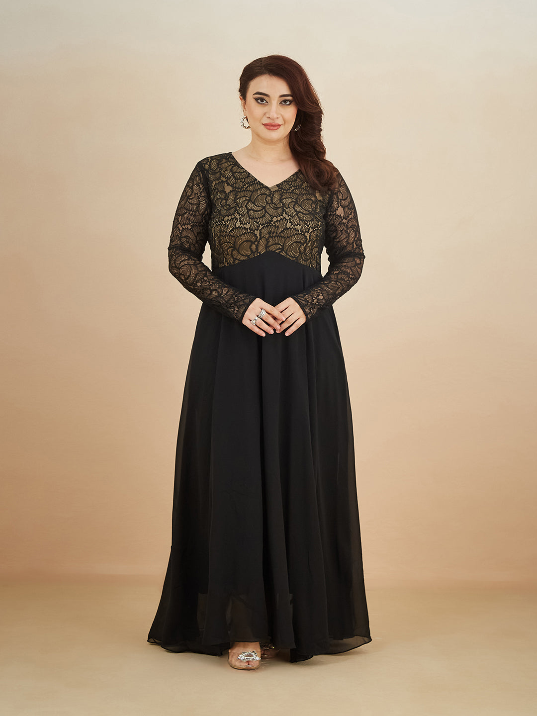 Black V-Neck Full Sleeve Self Design Lace-Overlaid Georgette Maxi Dress for Women