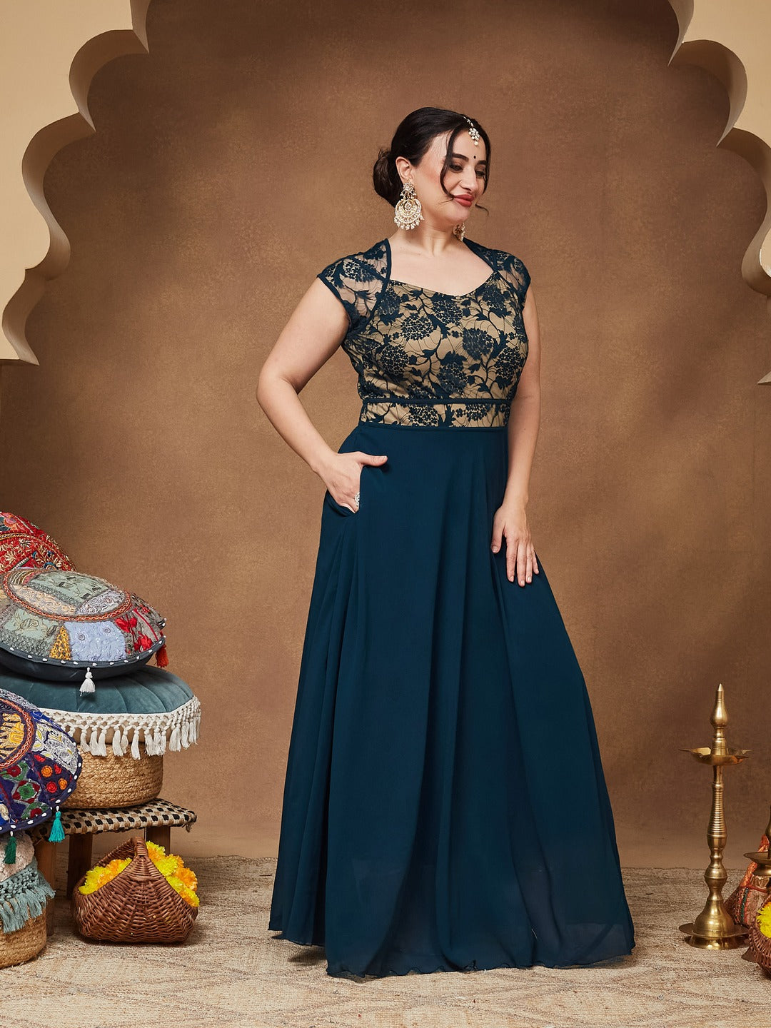Teal Floral V - Neck Cap Short Sleeves Lace Overlaid Fit & Flare Paneled Maxi Dress for Women