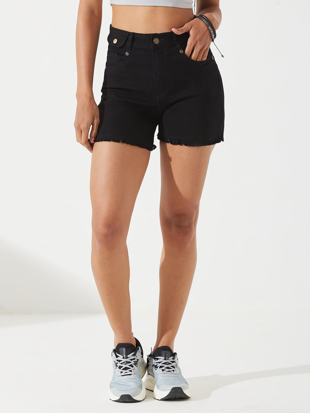 Black Relaxed Fit High-Rise Stretchable Denim Shorts for Women