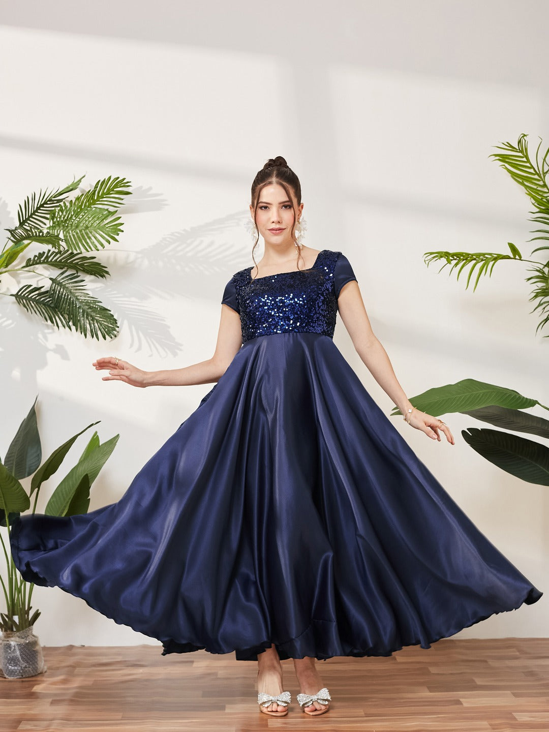Navy Blue Square Neck Short Sleeve Embellished Polyester Fit & Flare Maxi Dress for Women