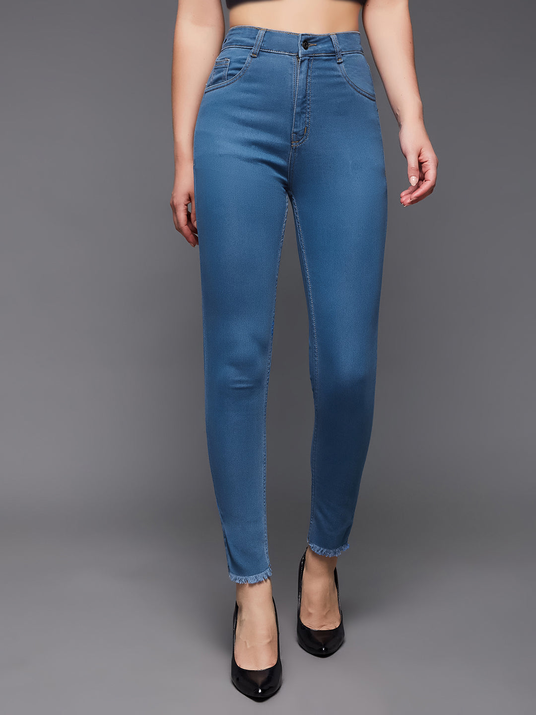 Women's Blue Skinny High-Rise Cropped-Length Fringe Detailing Stretchable Denim Jeans