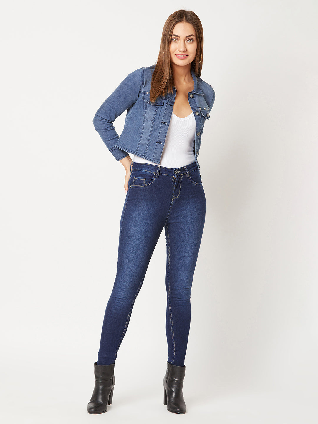 Women's Navy Blue Solid Polo Neck Full Sleeves Buttoned Denim Embellished Cropped Jacket
