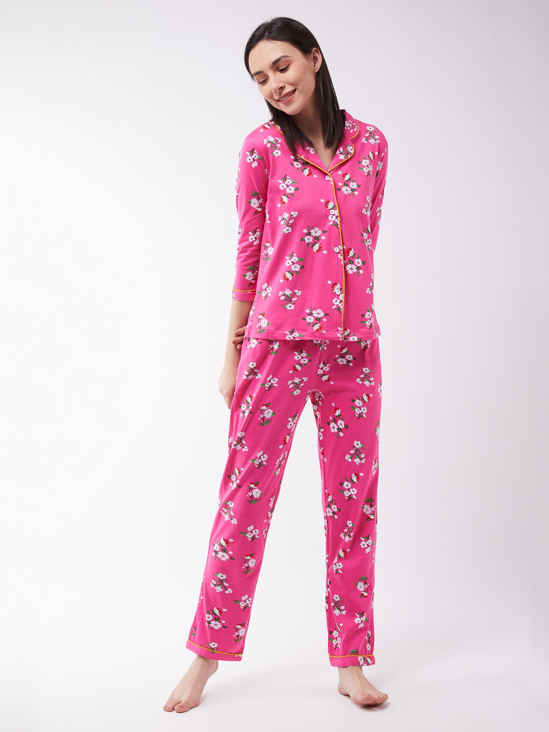 Women's Pink Regular length Printed Three-fourth Sleeves Collared Night Suit Set