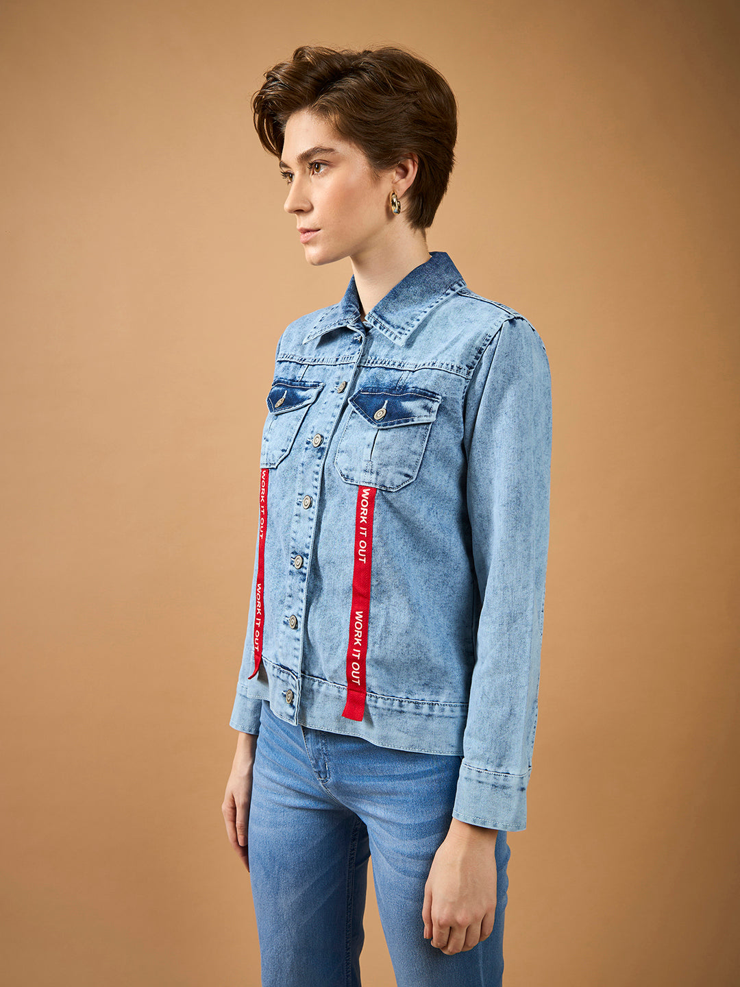 Women's Light Blue Collared Full Sleeve Buttoned Twill Tape Detailing Solid Denim Jacket
