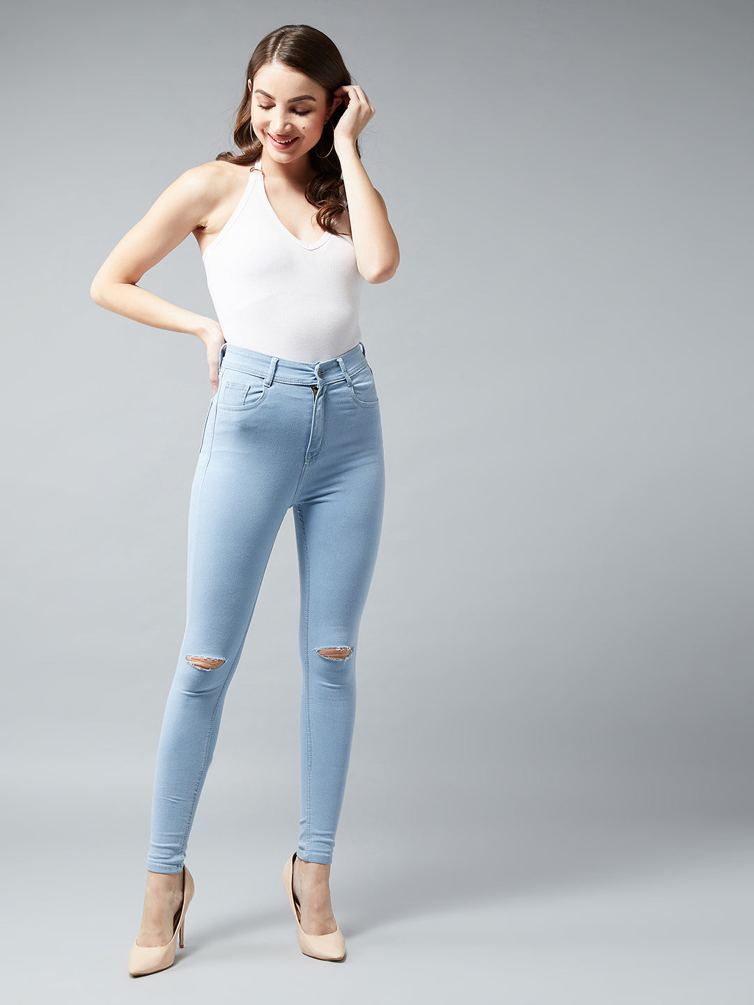 Women's Light Blue Skinny High-Rise Distressed Denim Jeans