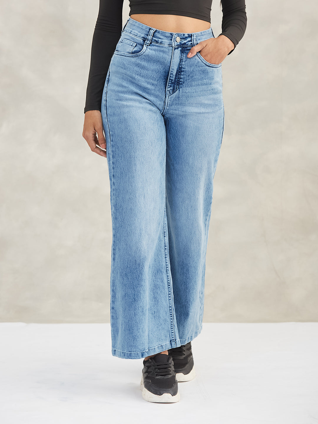 Women's Light Blue Wide-Leg High-Rise Stretchable Shaping Denim Jeans