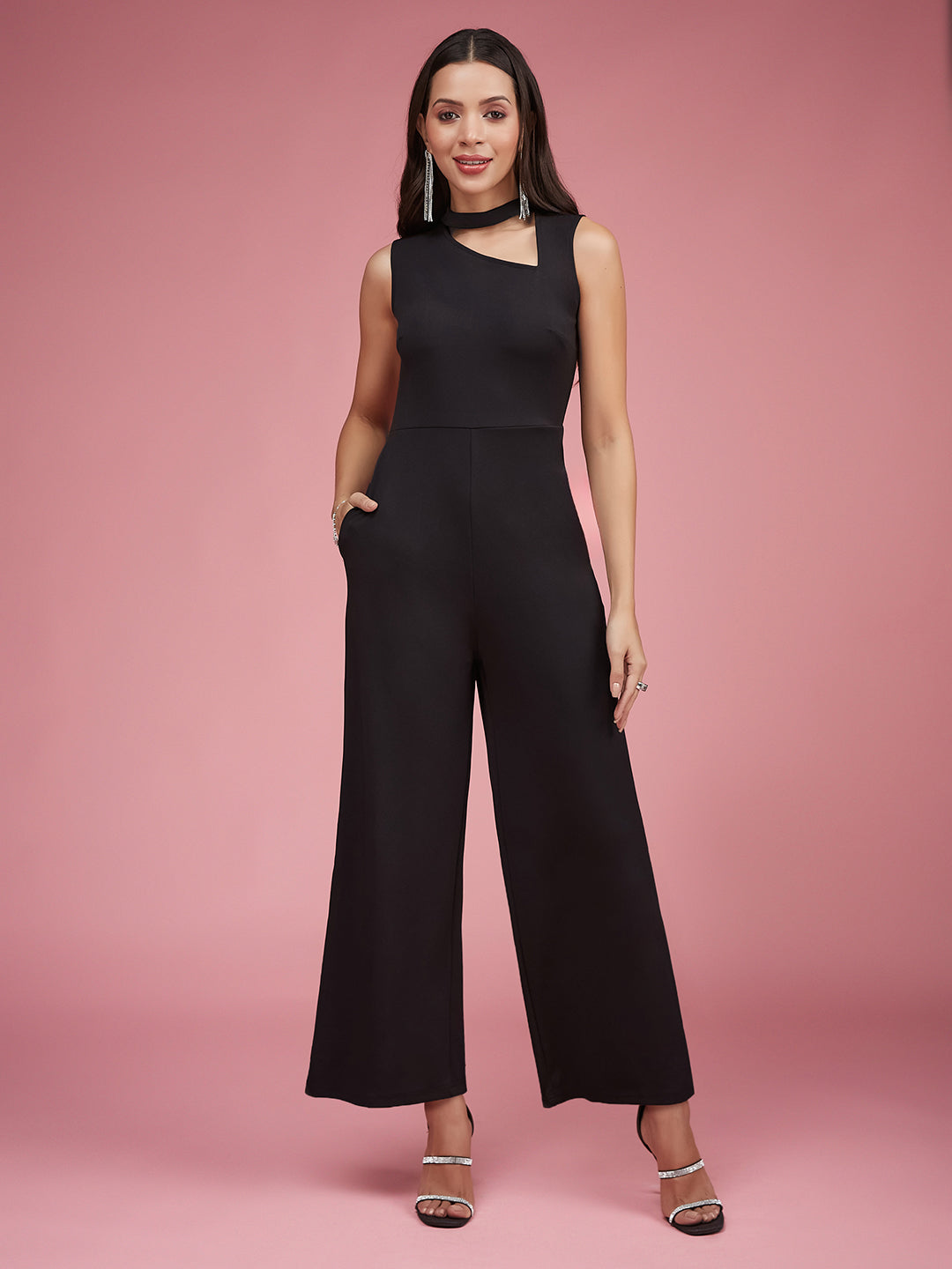 Women's Black V-Neck Sleeveless Solid Wide-Leg Regular Length Jumpsuit