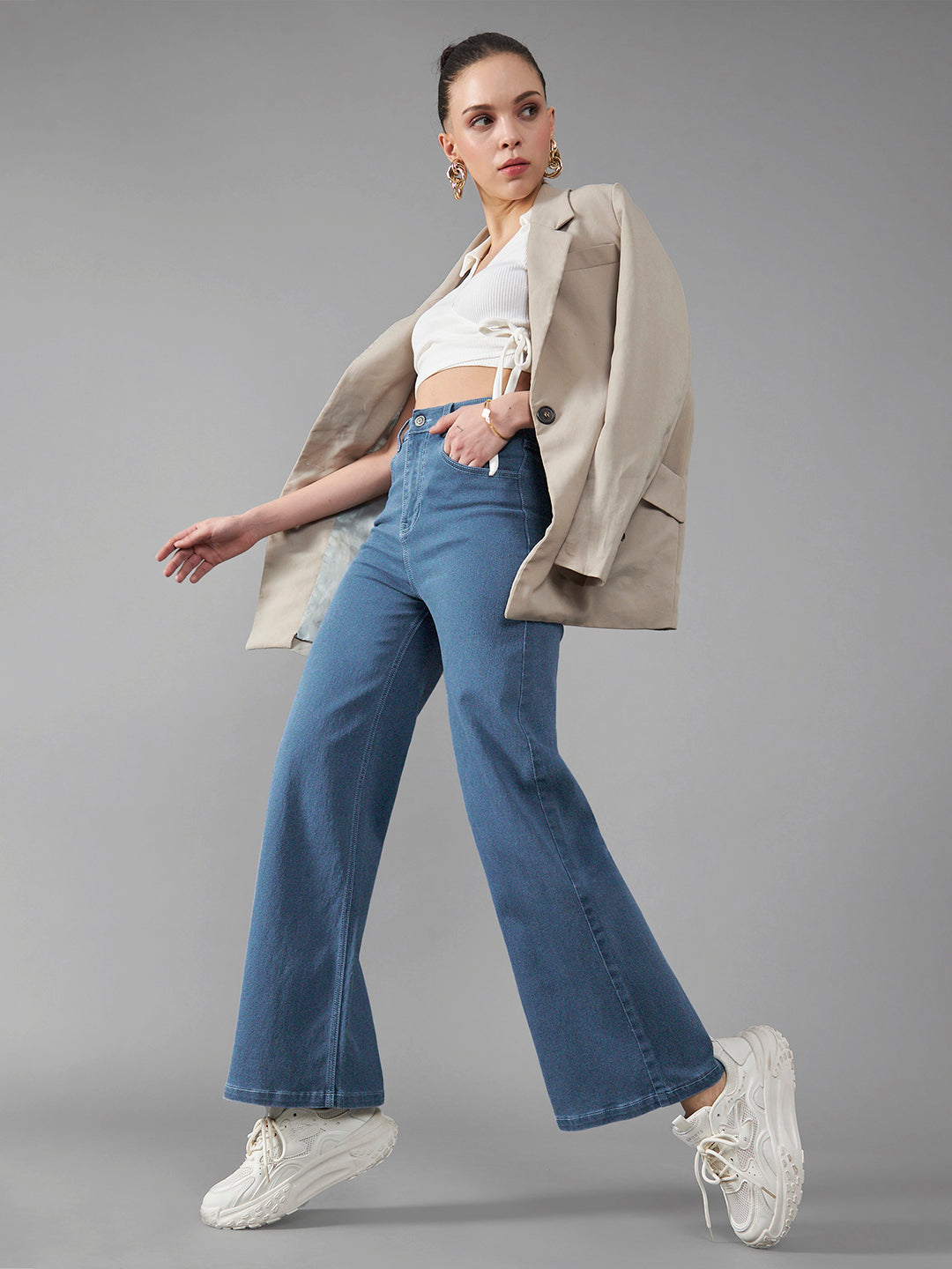 24/7 Comfort Blue Wide-Leg High-Rise Midly-Distressed Stretchable Denim Jeans