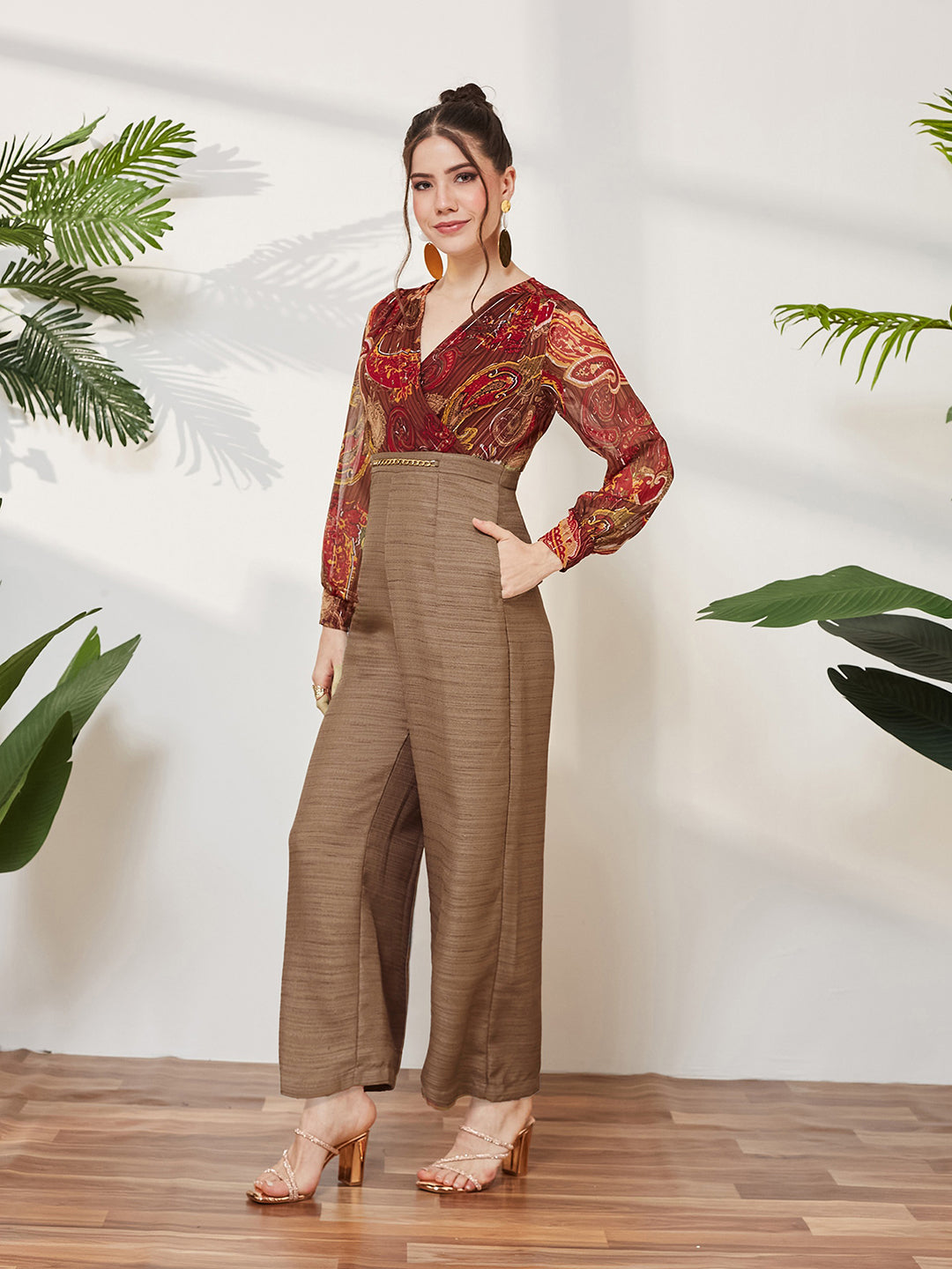 V-Neck Bishop Sleeve Bohemian Patterned Straight Leg Wrap Regular Silk Jumpsuit for Women