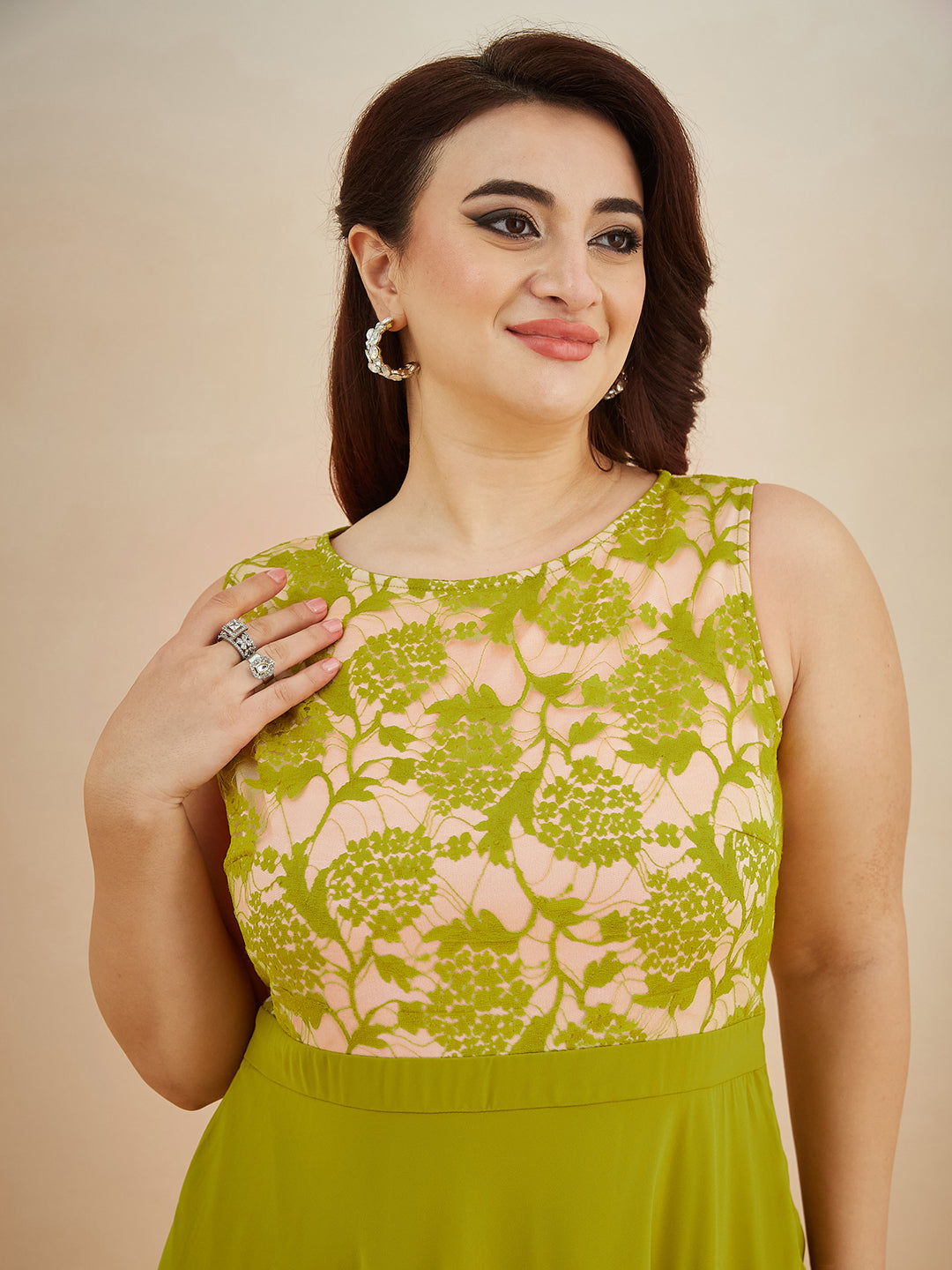 Women's Lemon Green Round Neck Sleeveless Georgette Floral Lace Fit & Flare Maxi Dress