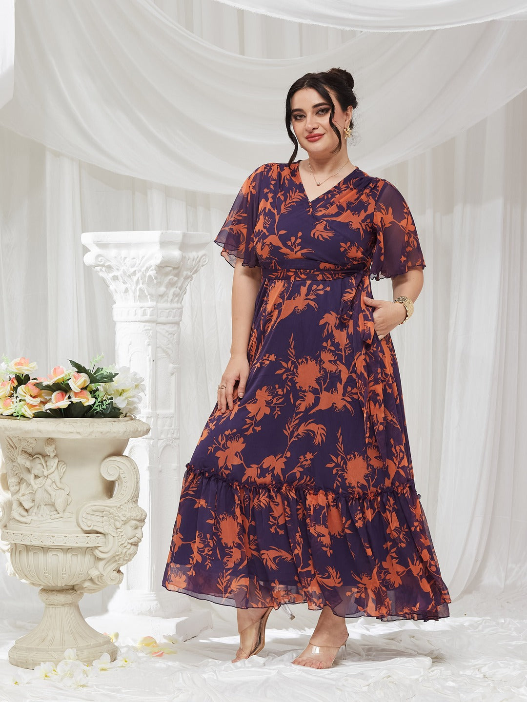 Women's Orange and Purple Floral Wrap Chiffon Maxi Dress with Flutter Sleeves and Frilled Hem