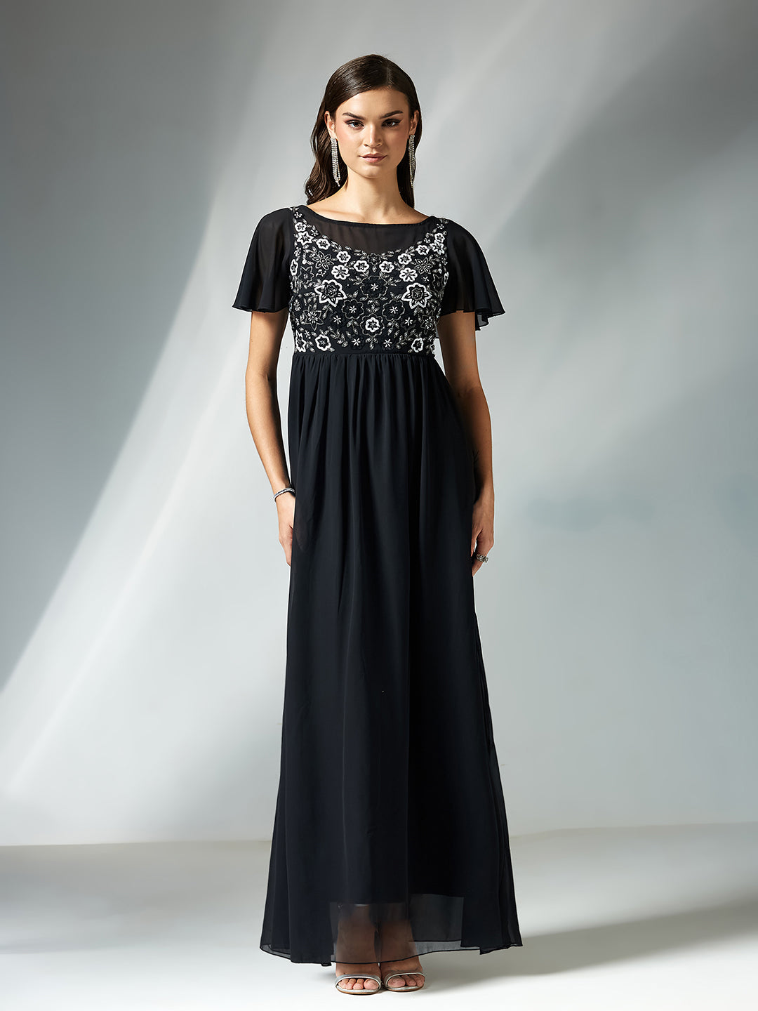 Women's Black Embellished Gathered Maxi Dress