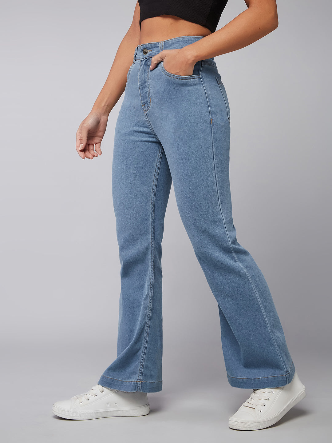 Women's Light Blue Bootcut High-Rise Clean-Look Regular Stretchable Denim Jeans