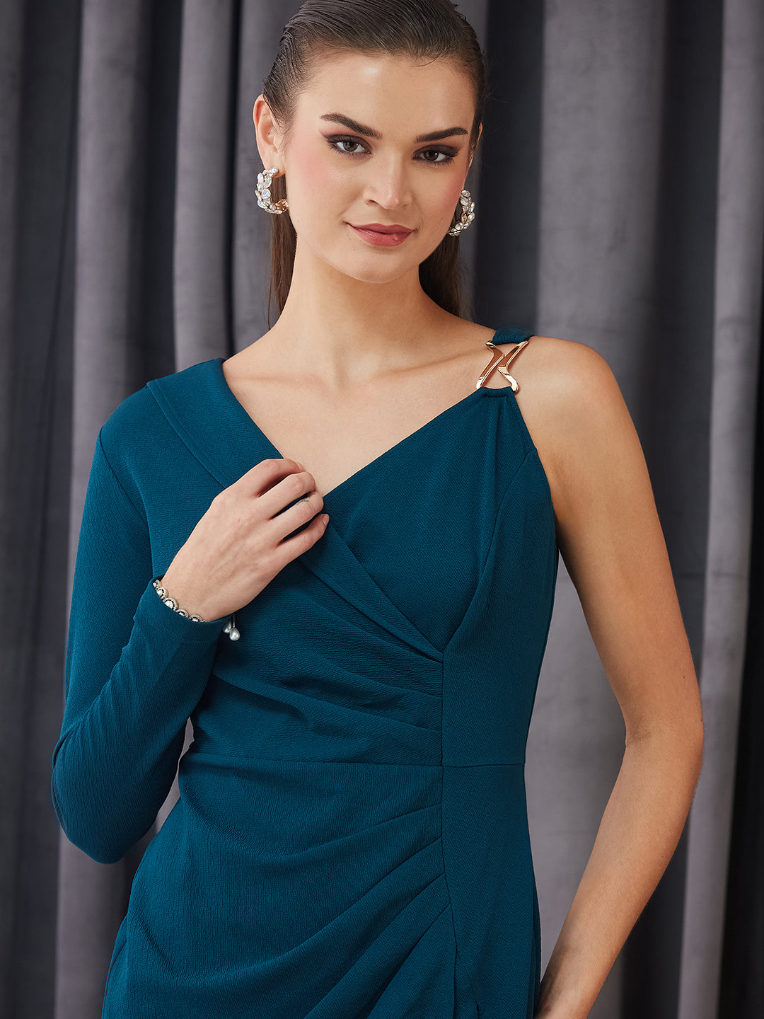 Women's Teal Asymmetric Shawl Collar Asymmetric Solid Bodycon Above-Knee Dress