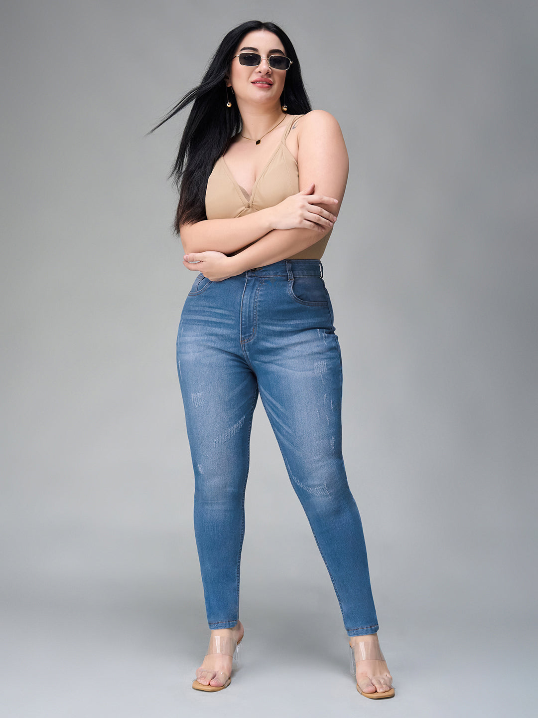 24/7 Comfort Blue Skinny High-Rise Mild Distress Stretchable Denim Jeans