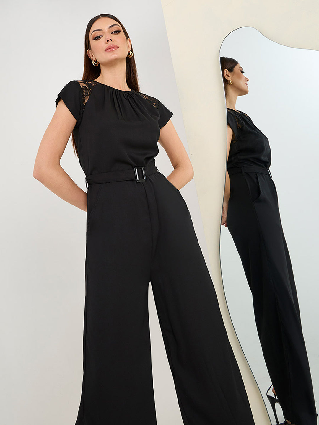 Women's Black Round Neck Cap Sleeve Solid Straight Leg Belted Maxi Jumpsuit