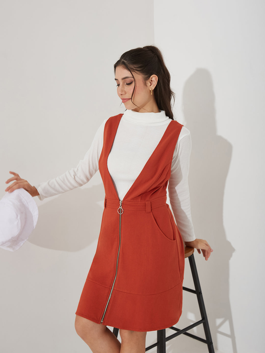 Rust Solid Polyester Pinafore Dress with Zipper Detail and Side Pockets for Women