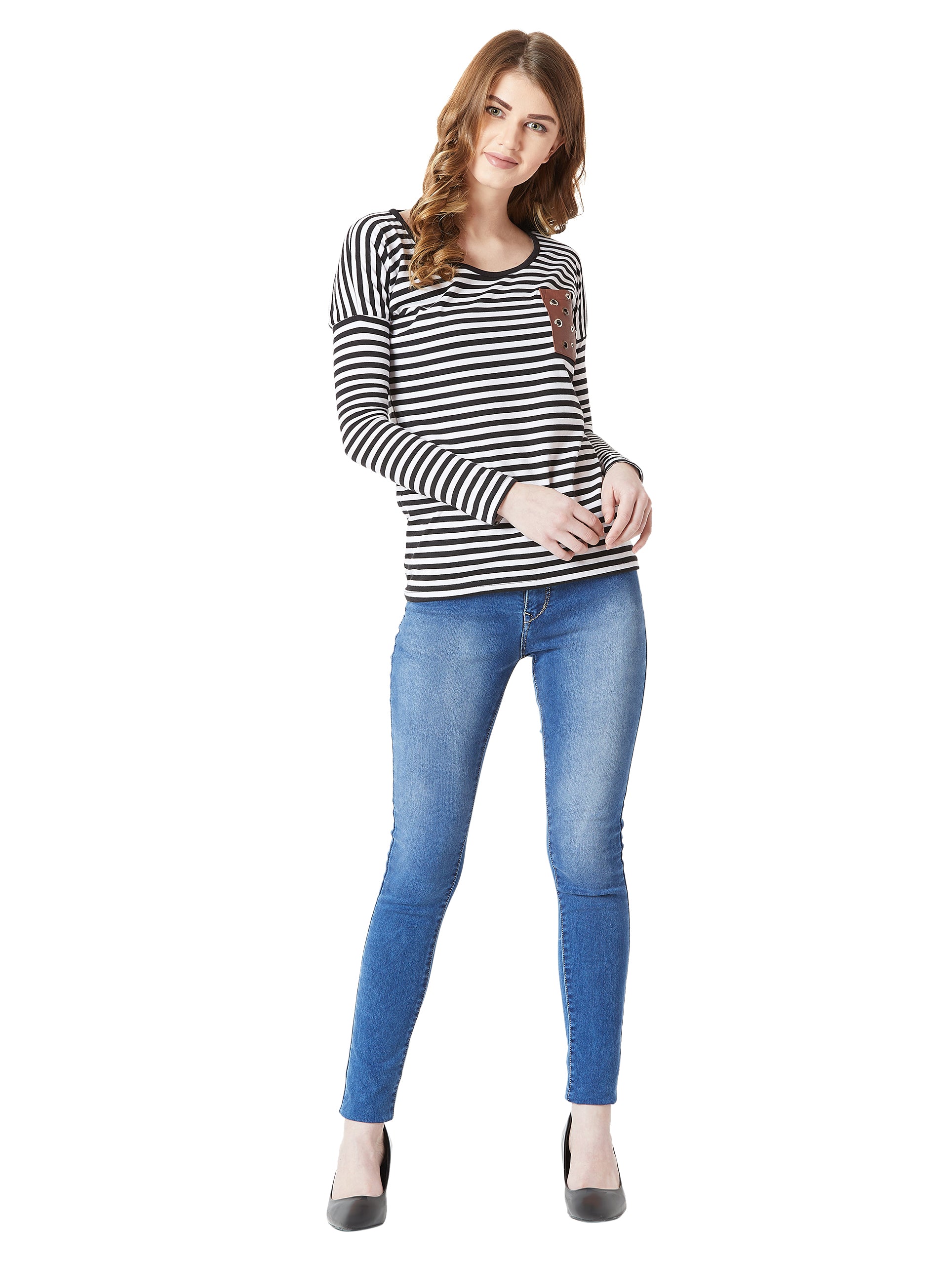 Women's Black and White Round Neck Full Sleeve Cotton Striped Eyelet Detailing Pocket Top
