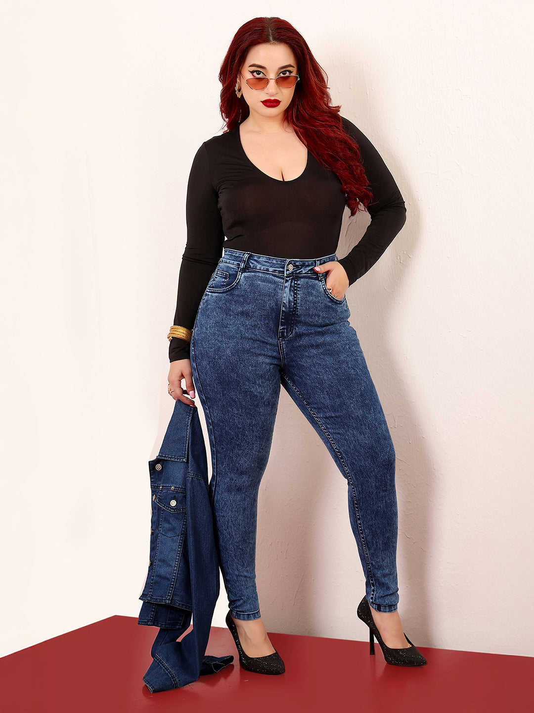 Women's Blue Skinny-Fit High-Rise Clean-Look Cropped Stretchable Denim Jeans