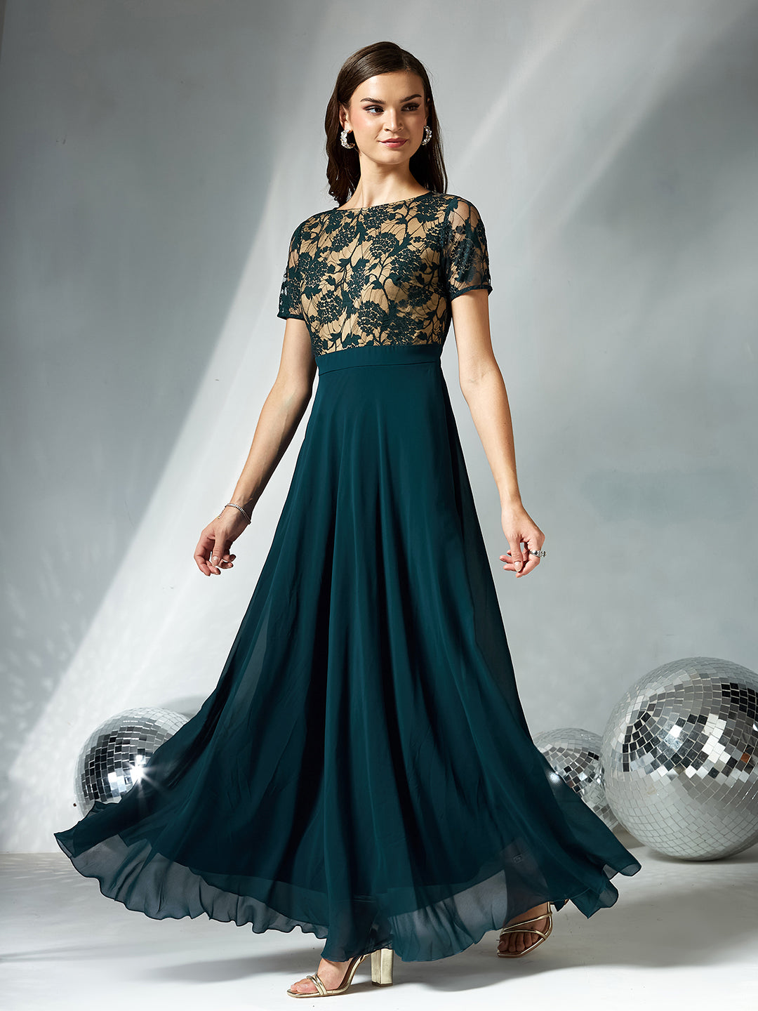 Women's Teal Round Neck Half Sleeve Self Design Fit & Flare Georgette Maxi Dress