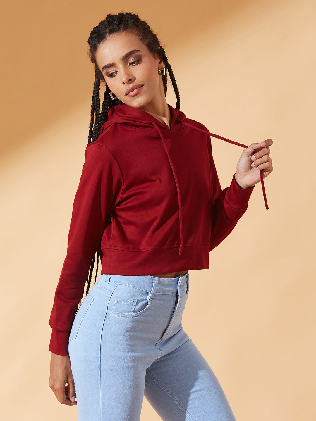 Maroon Solid Round Neck Full Sleeve Hooded Boxy Crop Sweatshirt for Women