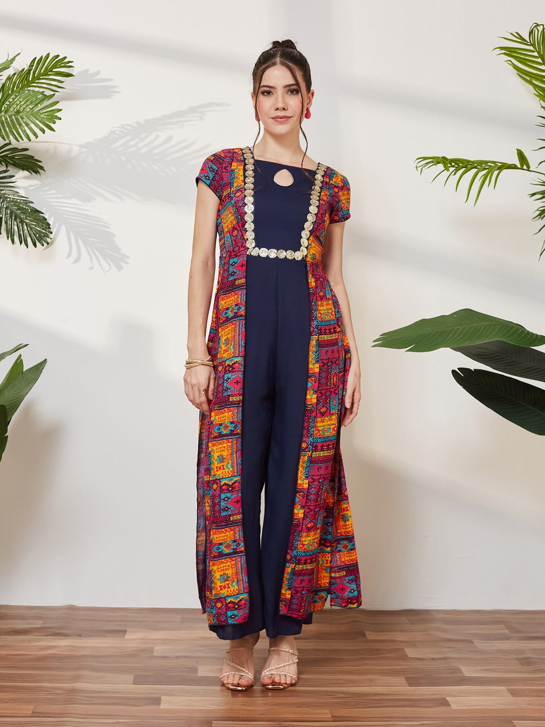 Navy Blue Keyhole-Neck Regular Sleeve Bohemian Paneled Viscose-Rayon Regular-Length Jumpsuit for Women