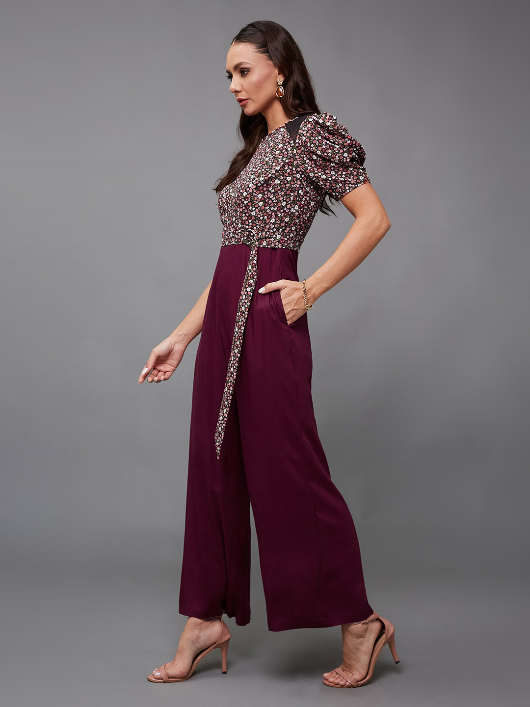 Women's Multicolored-Base-Wine Round Neck Cowl Sleeve Floral Wide-leg Viscose-Rayon Regular Length Jumpsuit