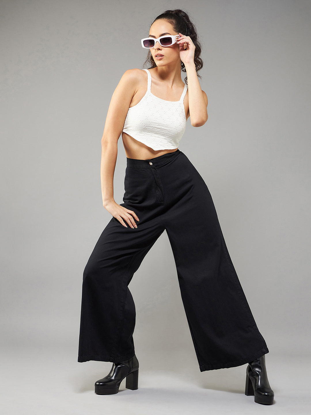 Women's Black Wide-Leg High-Rise Light Weight Light Weight Culottes Pants