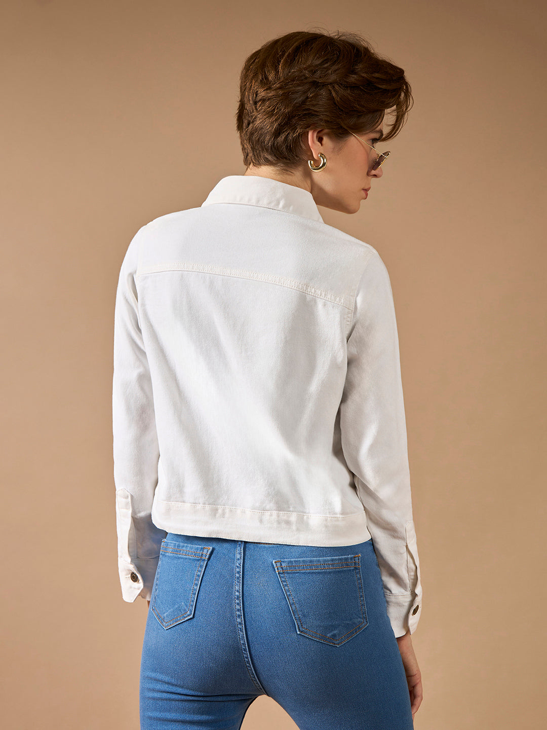 Women's White Polo Neck Full Sleeves Denim Solid Cropped Jacket