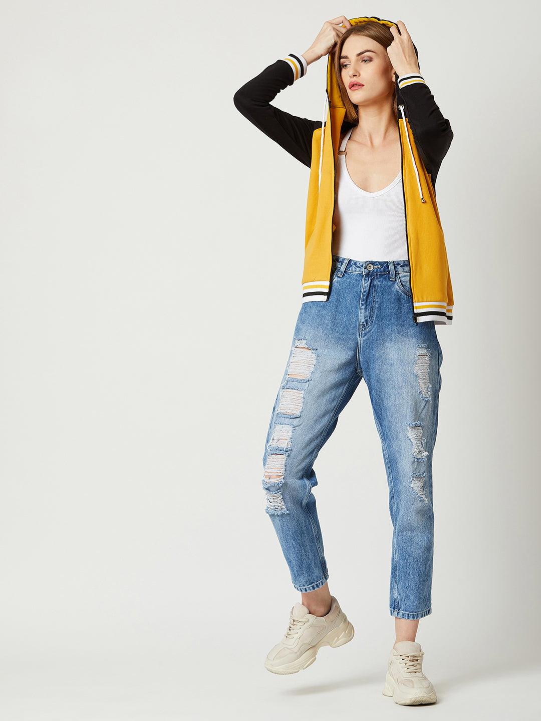 Women's Multicolored- Base- Mustard Yellow Hooded Full Sleeves Loop knit, Rib Solid Color-Block/Raglan Regular Length Jacket