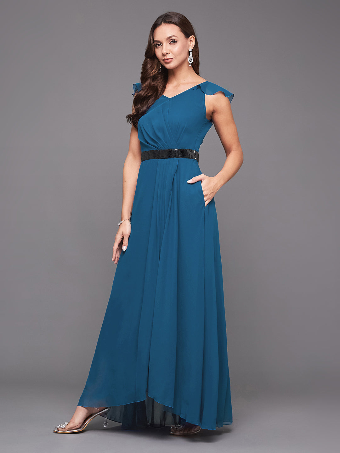 Royal Blue Solid Fit and Flare Maxi Dress Long Dress Frock with Black Sequinned Belt