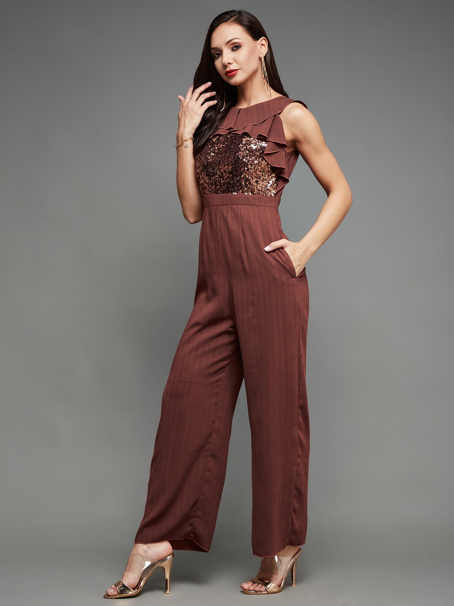 Women's Light Burgundy Halter Neck Sleeveless Sequined Party Crepe Ruffled Jumpsuit