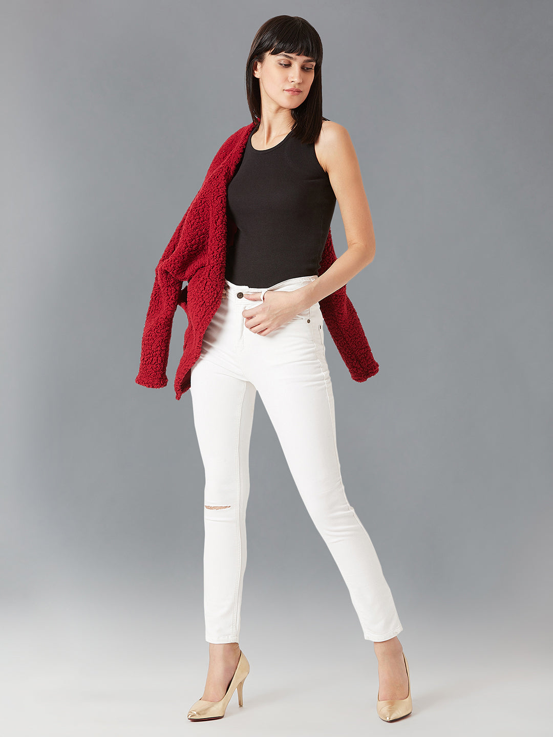 Women's White Skinny High-Rise Knee-Slit Bleached Stretchable Denim Jeans
