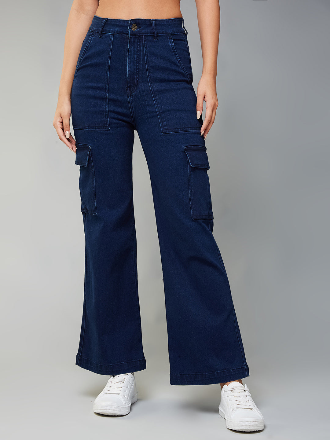 24/7 Comfort Navy Blue Wide-Leg High-Rise Clean-Look Regular-Length Stretchable Denim Cargo Jeans